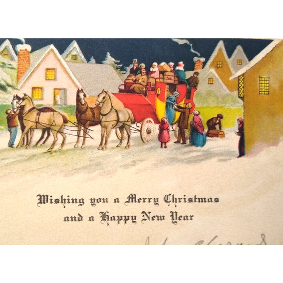 New Years Christmas Early Greeting Card Victorian People In Village Horses Cart - Picture 1 of 3